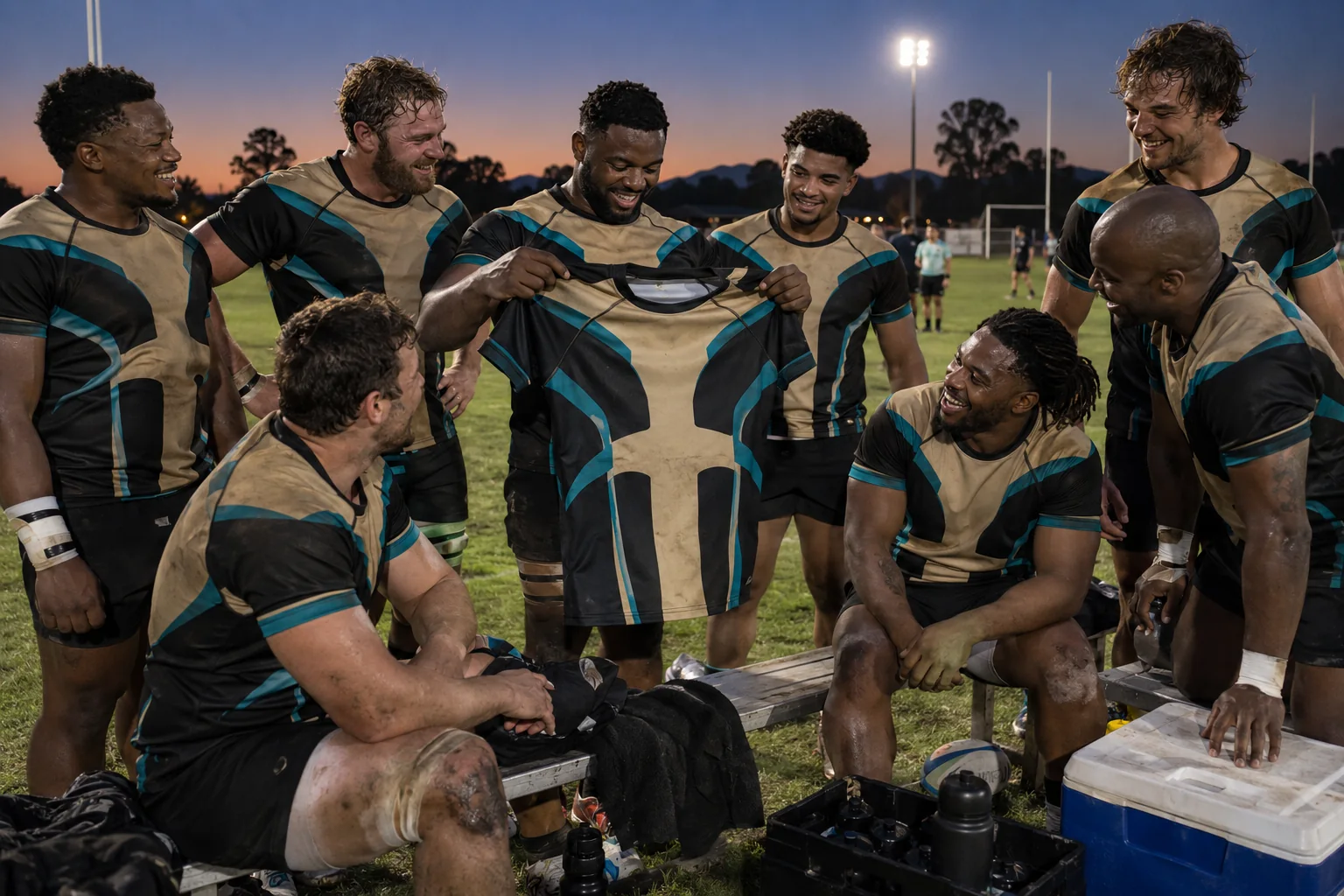 Sand and teal rugby strip